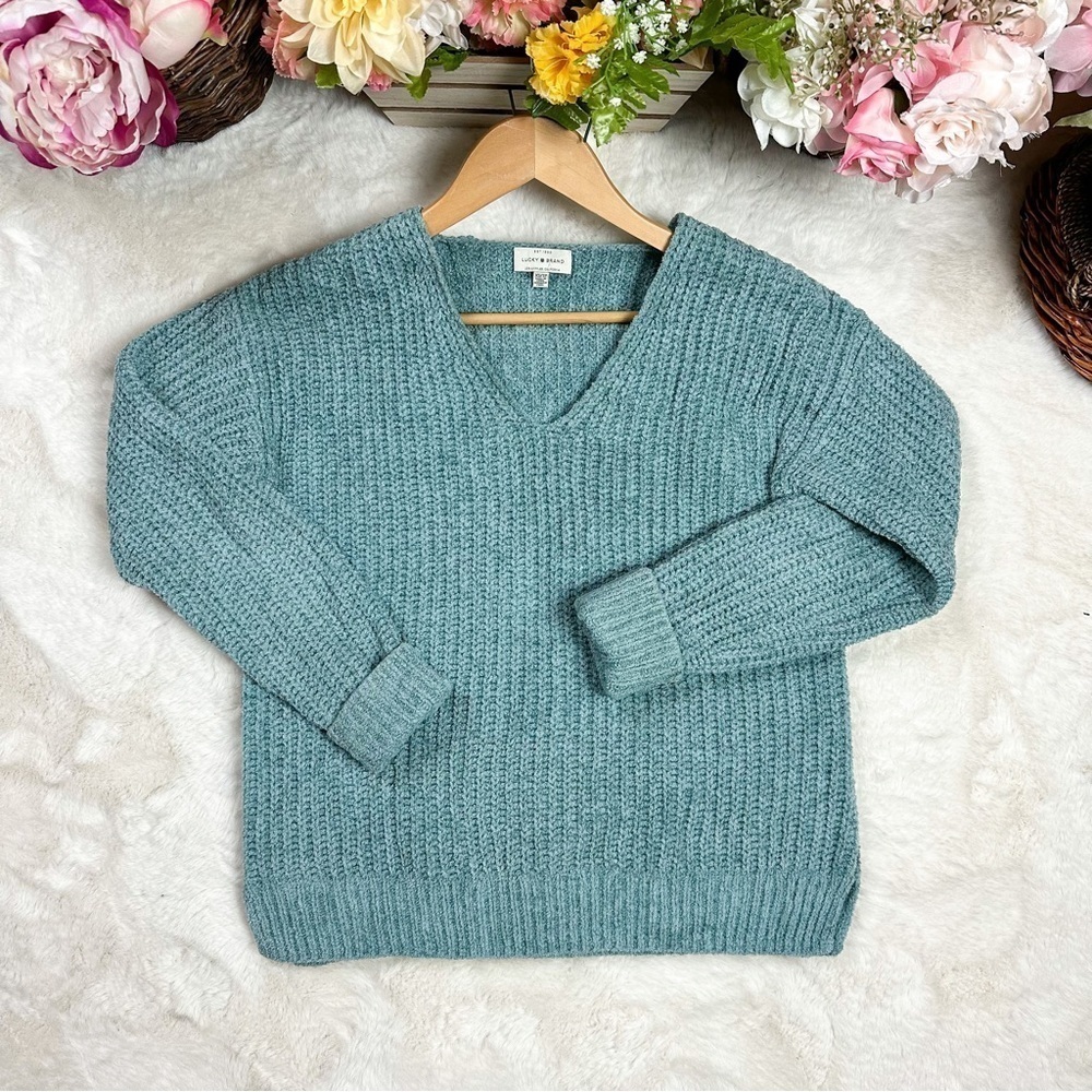Lucky Brand Chenille V-neck Knit Sweater XSmall Green
